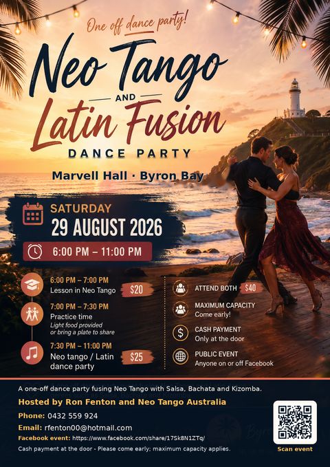 Neo Tango and Latin Fusion Dance Party flyer — Saturday 29 August 2026, 6pm–11pm, Marvell Hall, Byron Bay