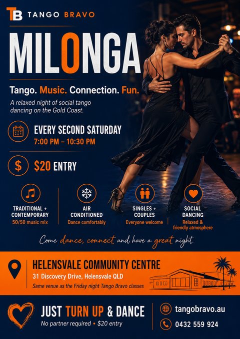 Tango Bravo Monthly Milonga flyer — every second Saturday, 7pm–10:30pm, Helensvale Community Centre